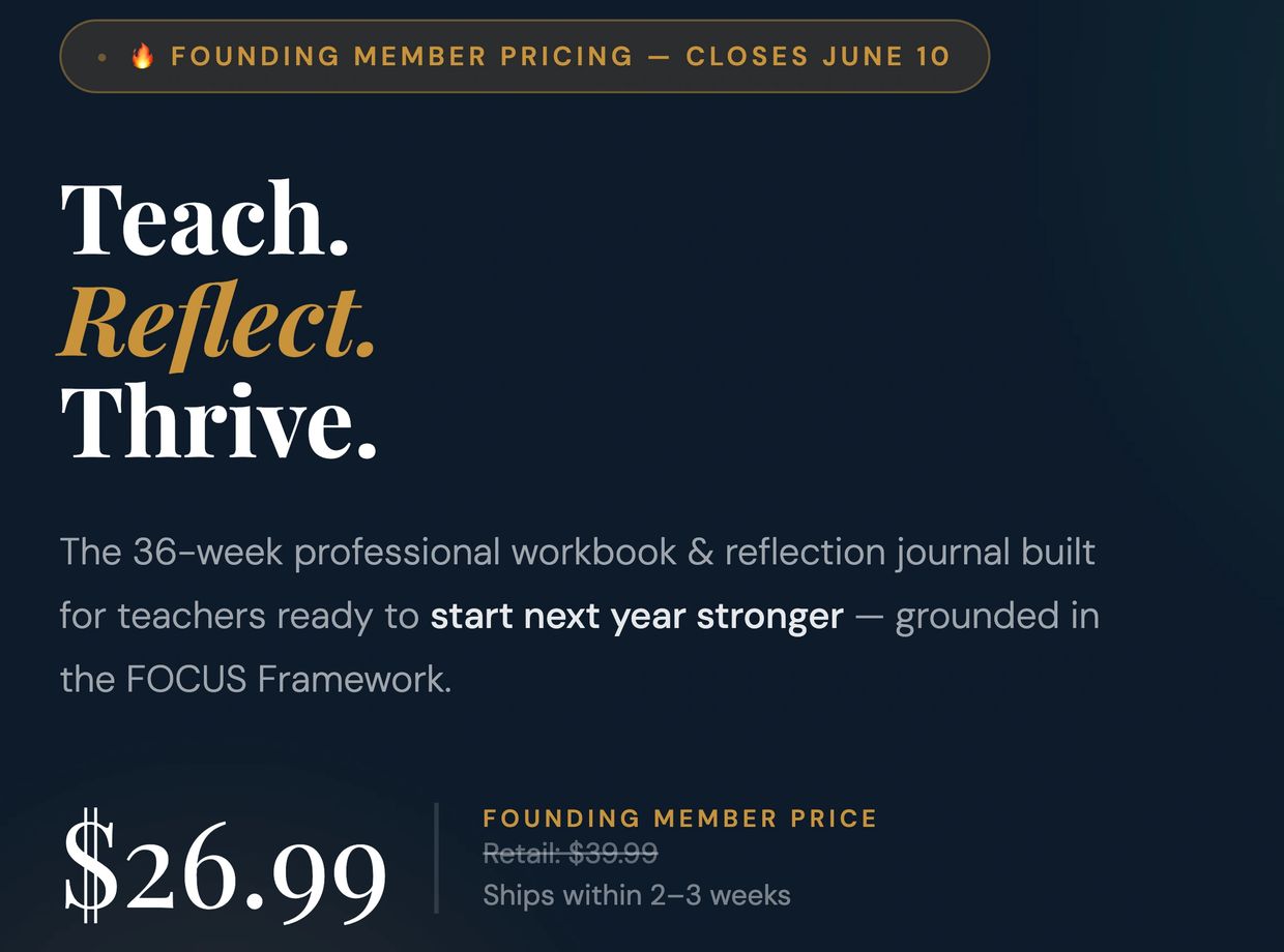 36-week workbook and reflection journal for teachers, priced at $26.99 for founding members.