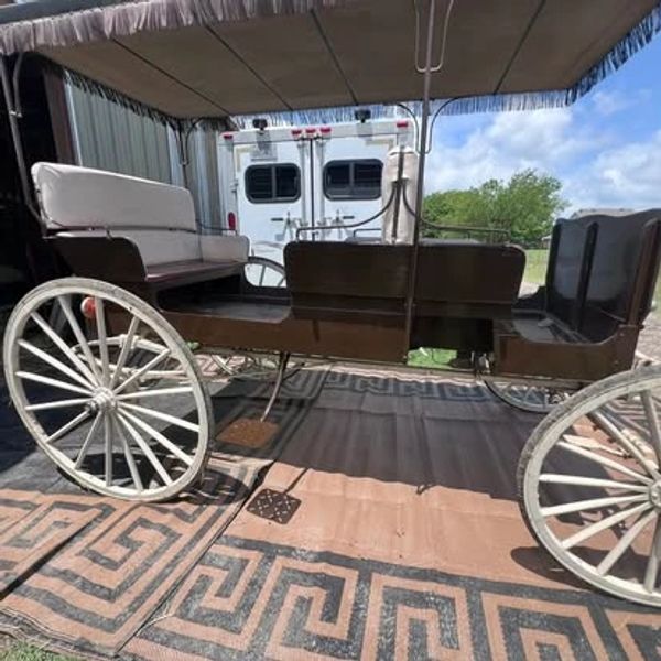 Vintage horse-drawn carriage with white wheels and cushioned seats.
