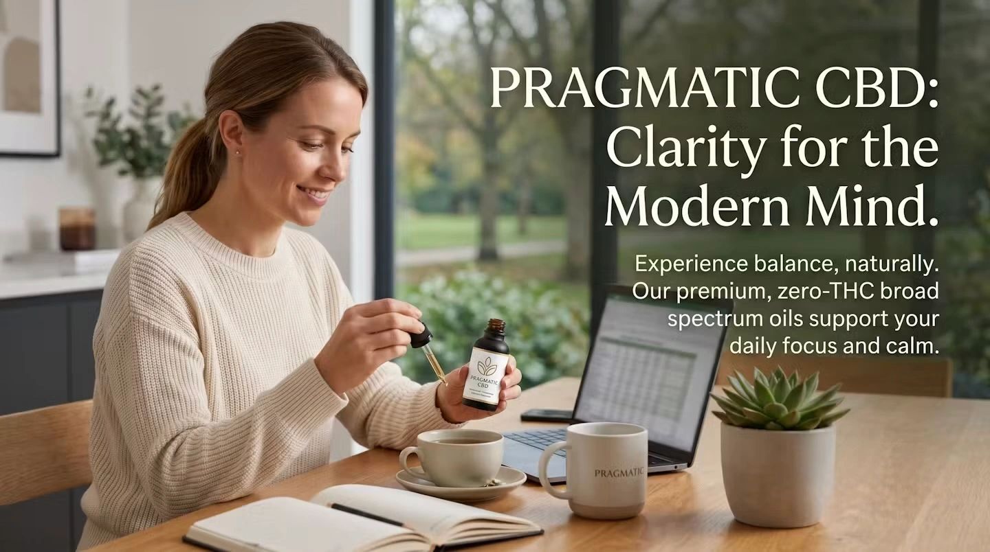 Woman using Pragmatic CBD oil for daily focus and calm.