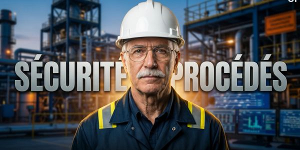 Homme en casque blanc sur un site industriel avec texte "SÉCURITÉ PROCÉDÉS".