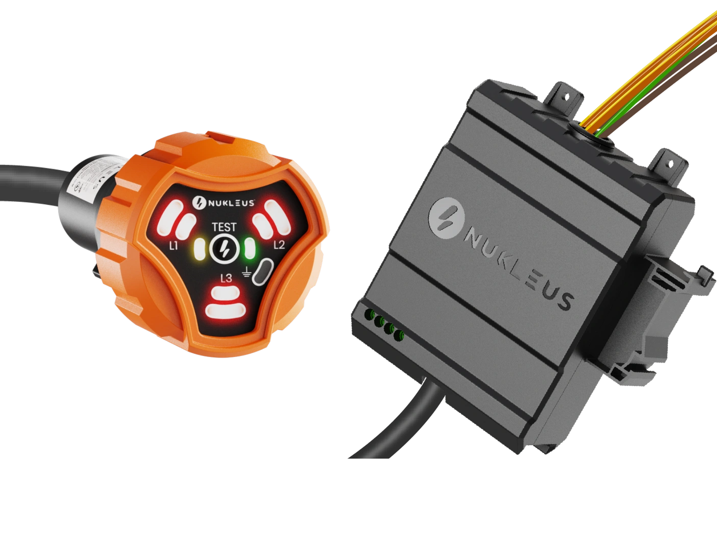 Nukleus electrical testing device with control interface and wiring module.