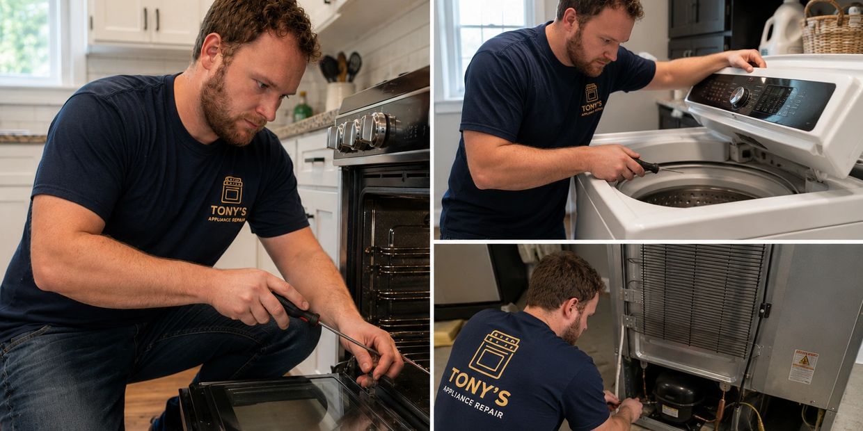 Technician repairing various home appliances with a screwdriver.
