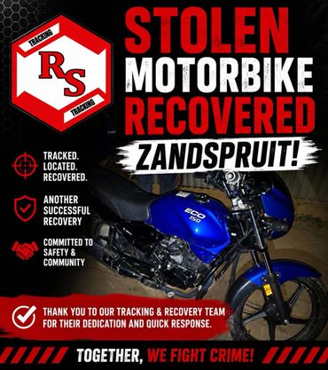 Stolen motorbike successfully recovered in Zandspruit by tracking team.