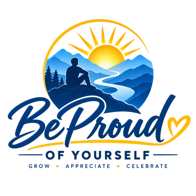 Logo with person, mountains, and sun saying Be Proud of Yourself.