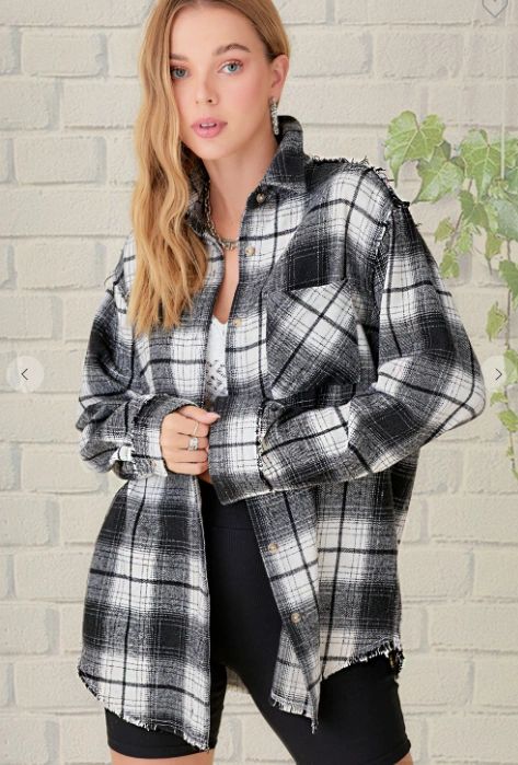 Distressed Plaid Shacket - Red & White/Black