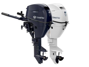 Two Tohatsu outboard boat motors, one black and one white.