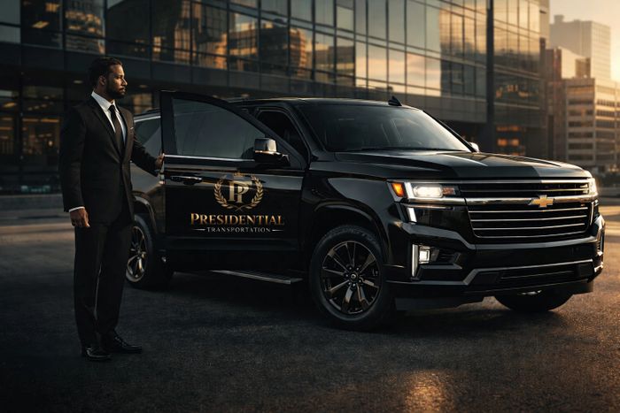 Professional chauffeur in suit beside a black Presidential Transportation vehicle.