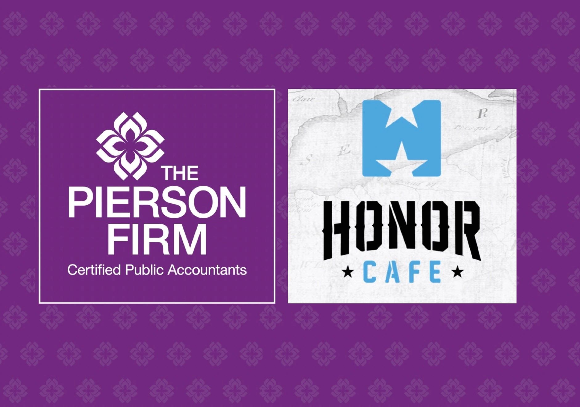 Logos of The Pierson Firm and Honor Cafe on a purple patterned background.