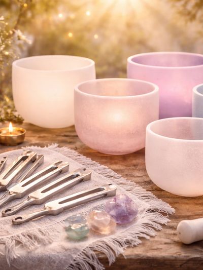 Crystal singing bowls and tuning forks on a wooden surface.