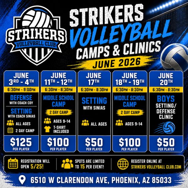 Strikers Volleyball Club June 2026 camps and clinics schedule with dates and pricing.
