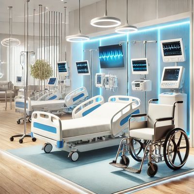 hospital bed and mobility aid in a hospital room.