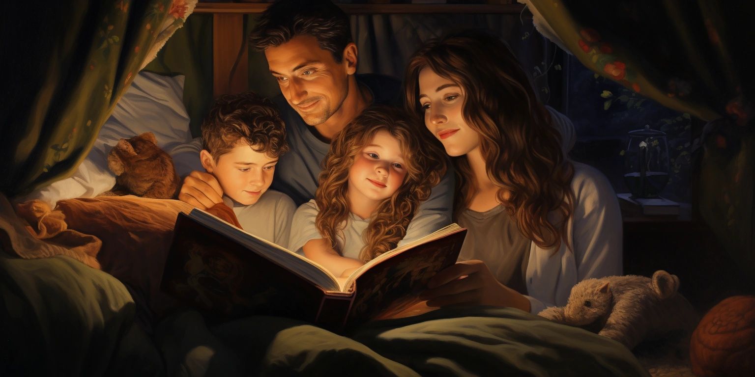 Family reading bedtime story.