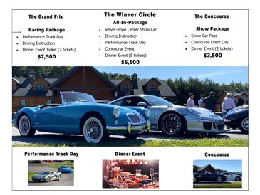 Classic and modern sports cars displayed with event package pricing and details.