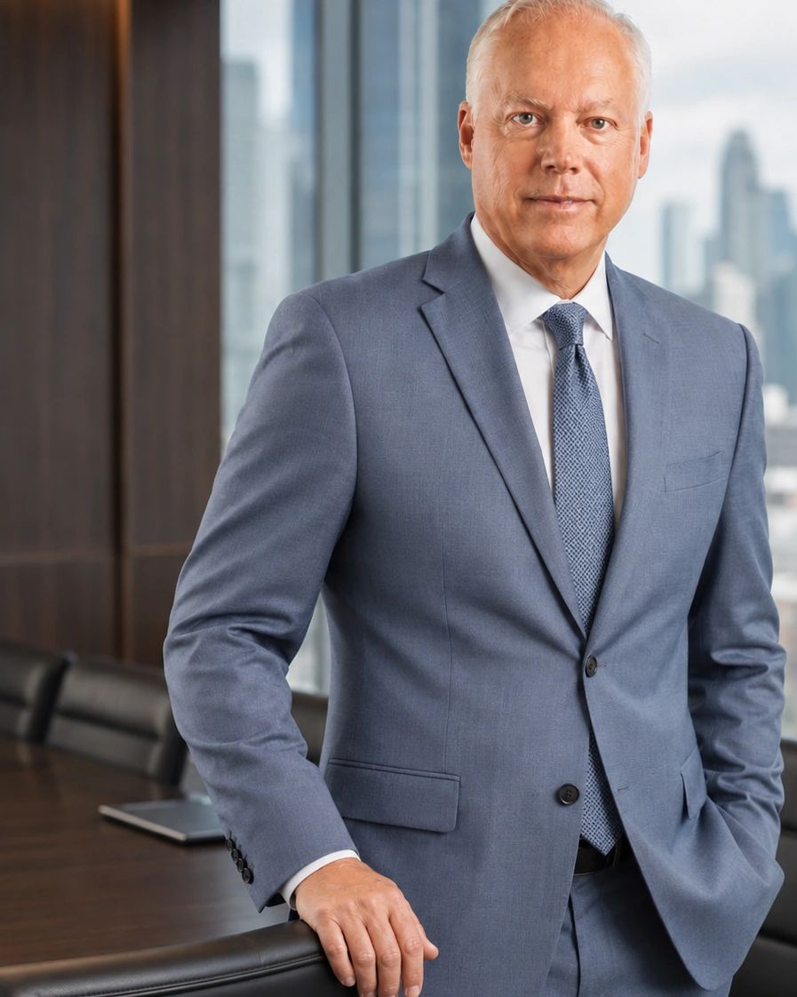 Confident businessman in blue suit standing in modern office.