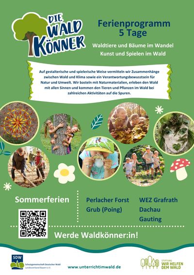 Flyer for a 5-day forest-themed holiday program with nature activities and art for kids.