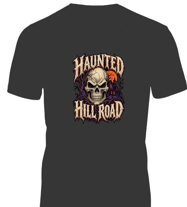 Black T-shirt with spooky skull and haunted house design.