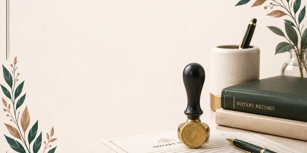 Elegant notary stamp and documents with decorative leaf border.