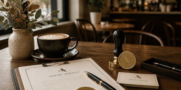 Notary services setup with documents, stamp, pen, and coffee in a cozy office.