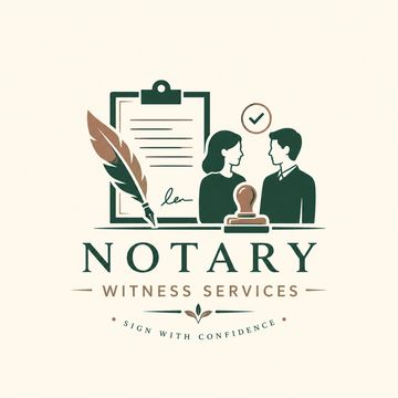 Illustration for notary witness services with a man, woman, and signing symbols.