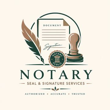 Logo for notary seal and signature services with document, quill, and stamp.
