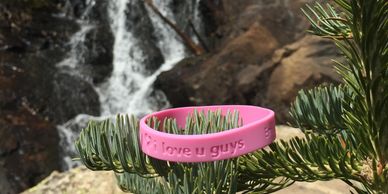 Pink bracelet with I Love U Guys Foundation logo lying on pine branch with waterfall in background