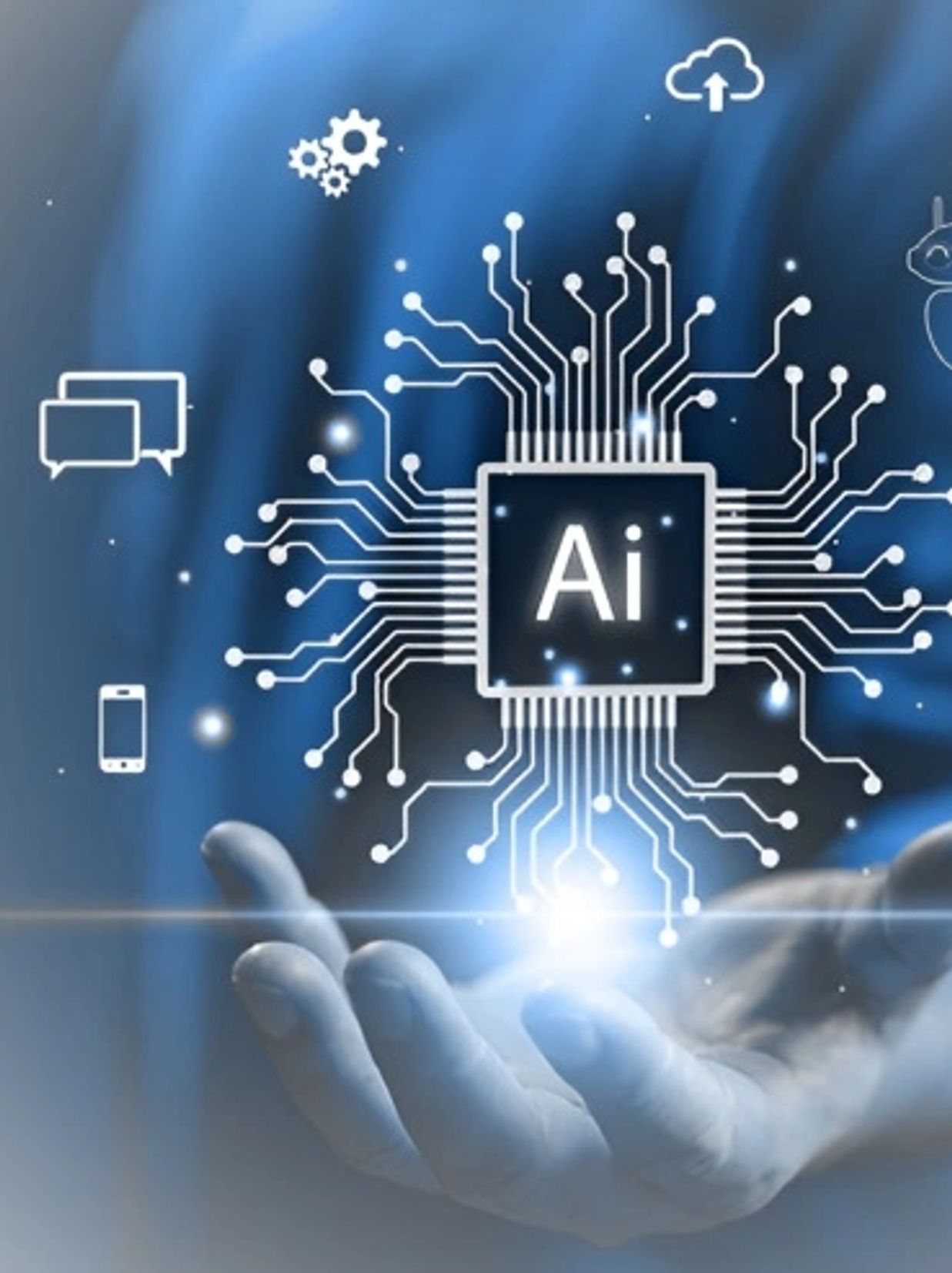 Mano che tiene un chip AI con circuiti digitali.