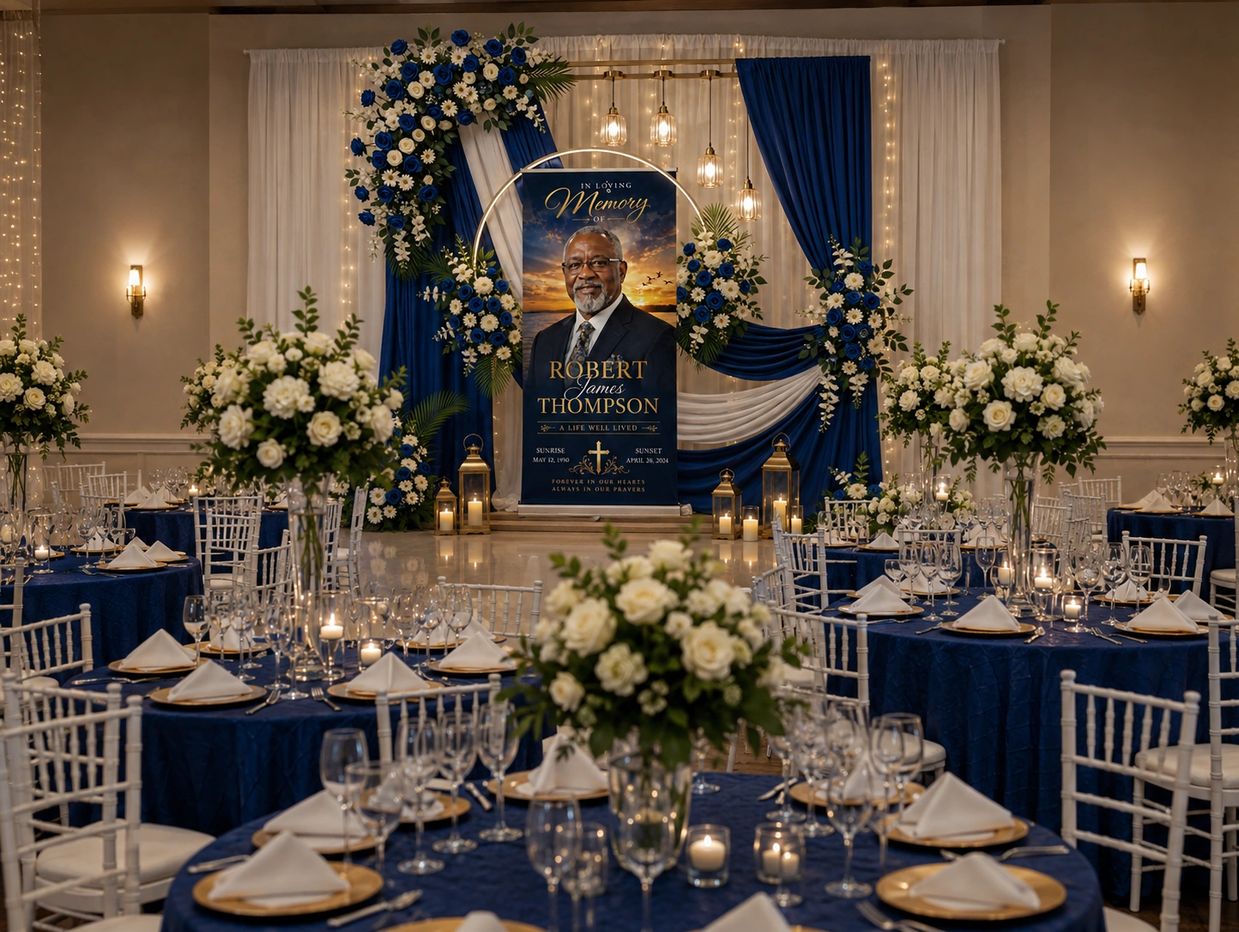 Elegant memorial service with navy blue and white floral decorations.