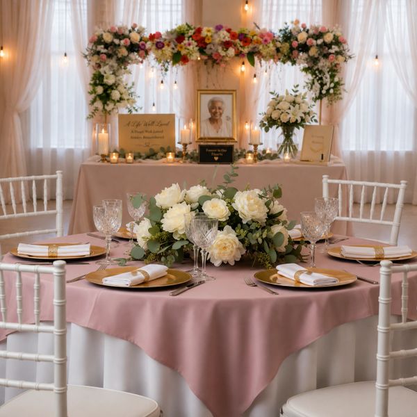 Elegant memorial table setting with flowers and candles.