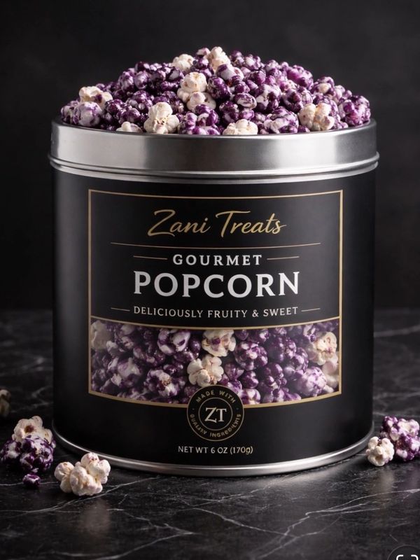 A tin of Zani Treats gourmet purple and white popcorn on a dark surface.