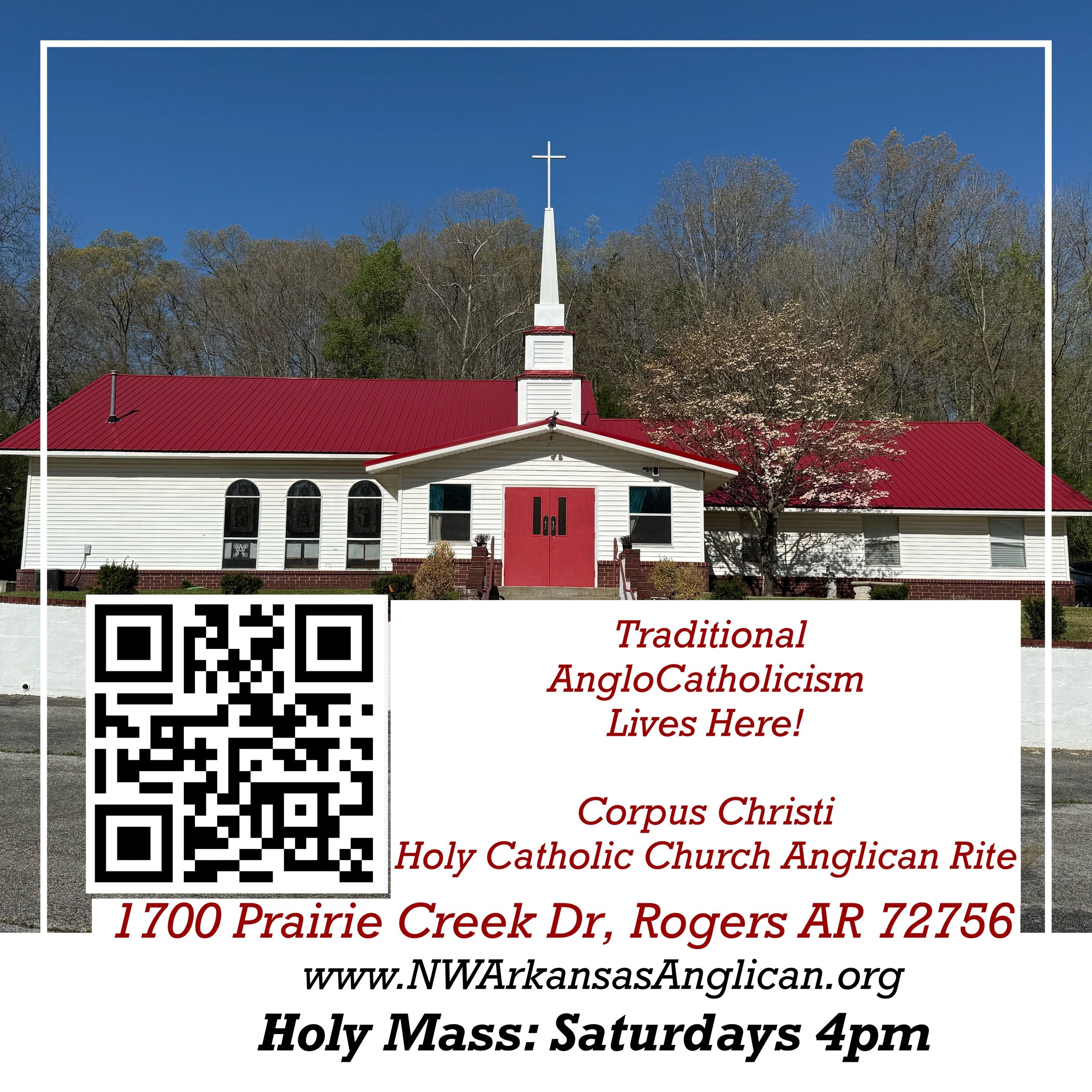 White church with red roof and cross — Traditional AngloCatholicism in Northwest Arkansas
