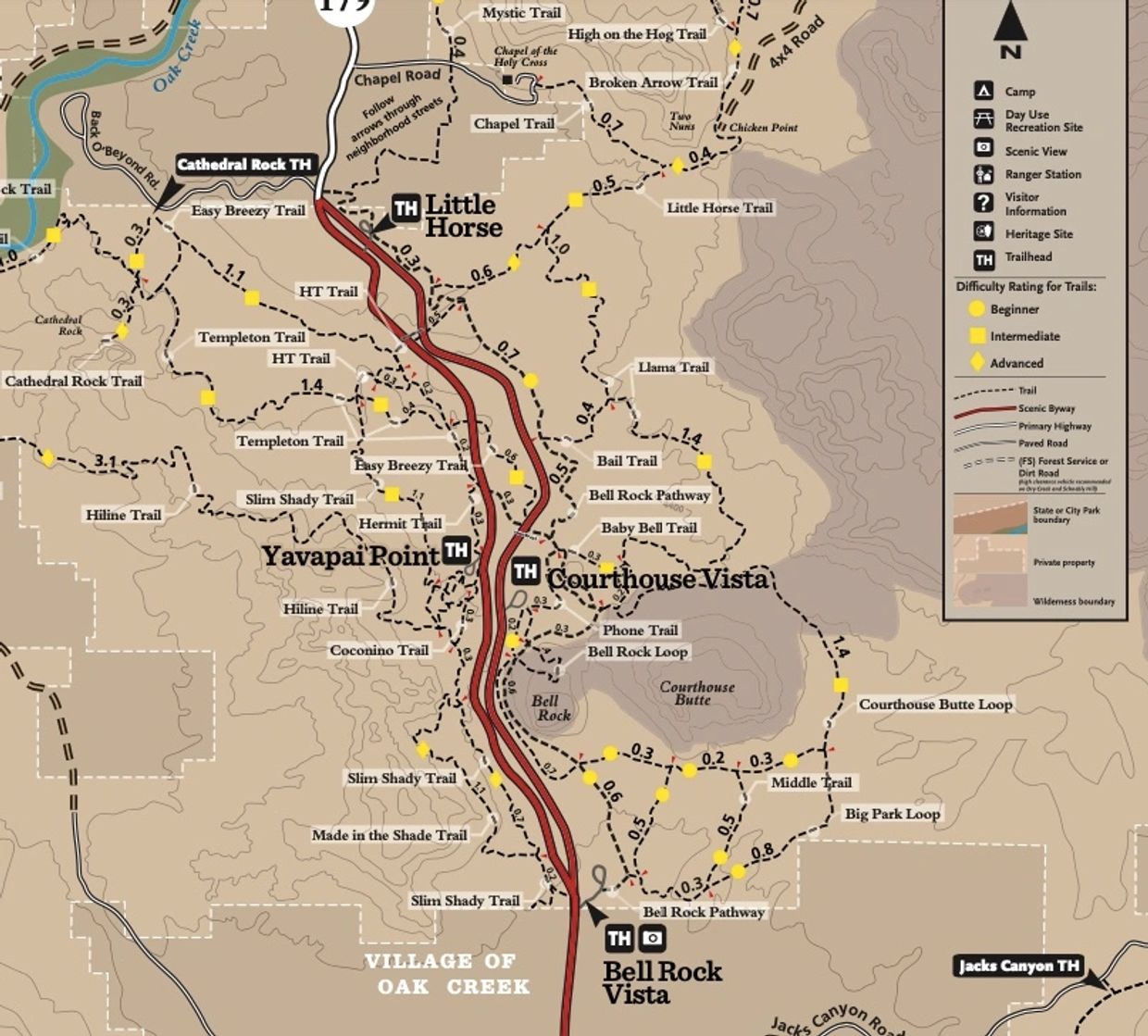 Trail map of Bell Rock and Courthouse Vista hikes.