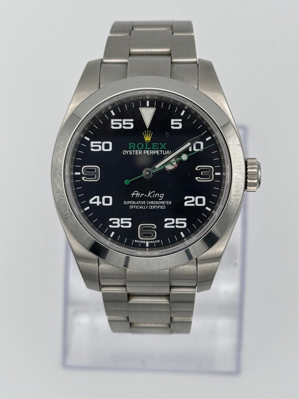 Rolex Air-King wristwatch with stainless steel bracelet and black dial.