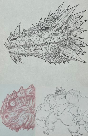 Detailed dragon head and creature sketches.