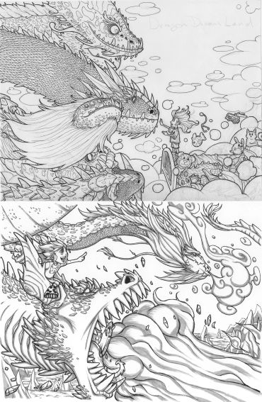 Two intricate dragon sketches featuring dynamic battles and fantasy elements.