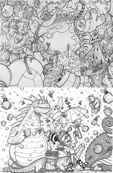 Two imaginative black-and-white fantasy doodles with animals and characters.