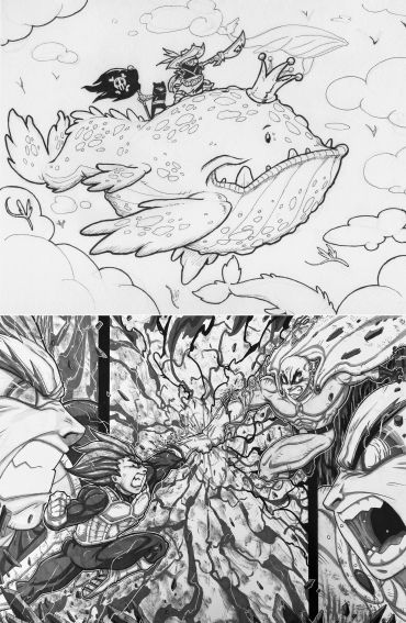 Two black and white fantasy scenes with battles and flying creatures.