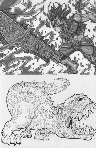 A warrior attacks with a giant sword above a roaring dinosaur.