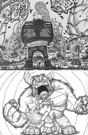 Two scenes showing a large monster and a small winged character.
