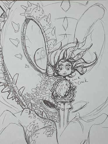 Girl with flowing hair holding a spiky fruit inside a large creature's mouth.