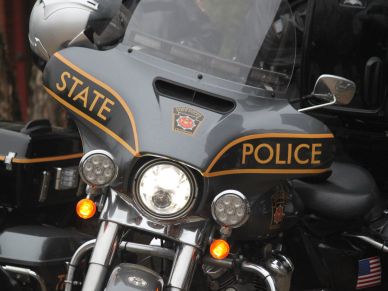Close-up of a state police motorcycle front.