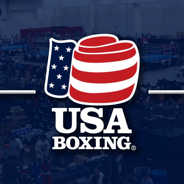 Logo of USA Boxing with boxing gloves and American flag.