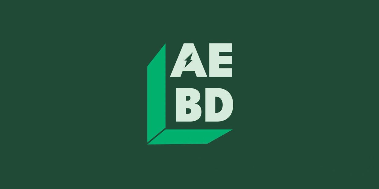 Green logo with the letters AE BD and a lightning bolt symbol on a dark background.