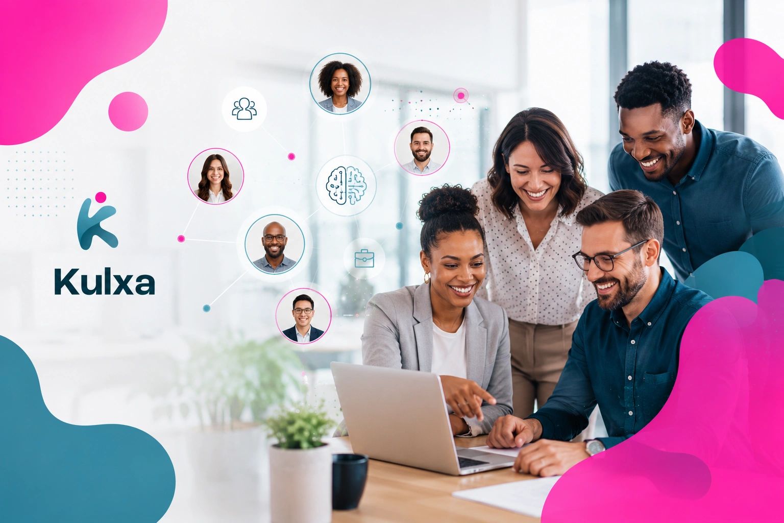 Happy multicultural team collaborating with Kulxa logo and network icons.