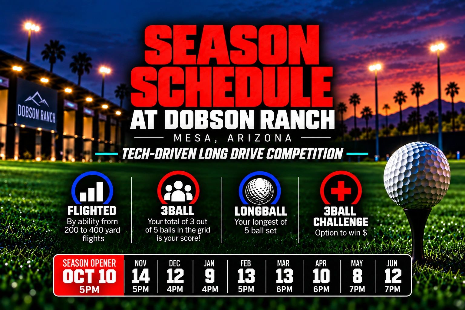 Season schedule for Dobson Ranch long drive competition in Mesa, Arizona.
