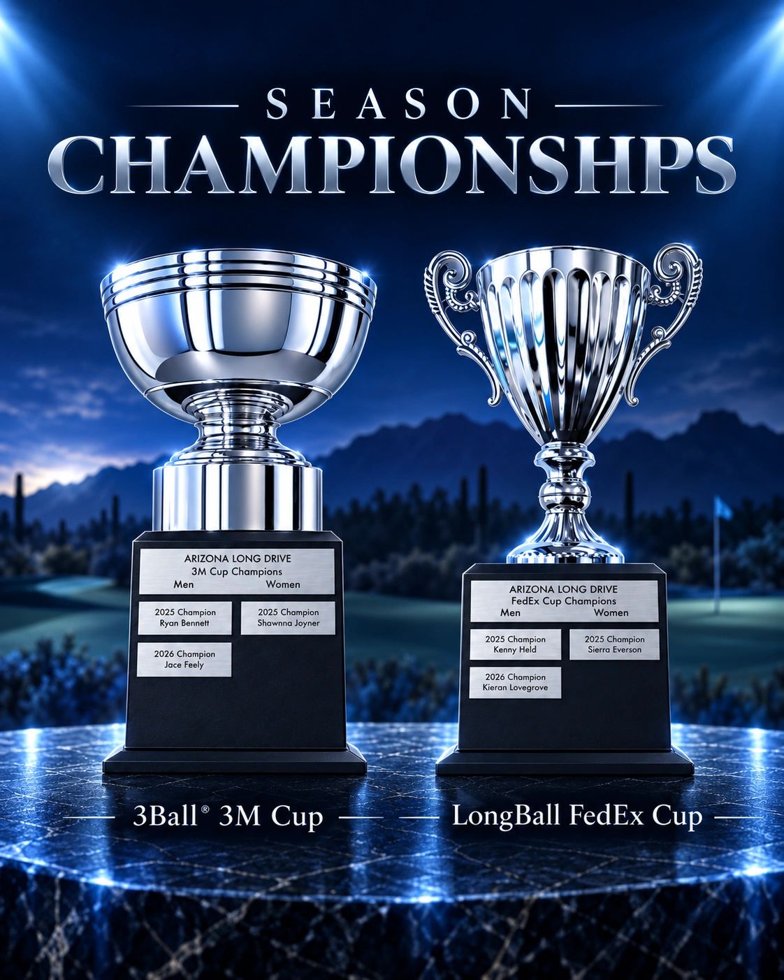 Two shiny trophies for Arizona Long Drive championships.