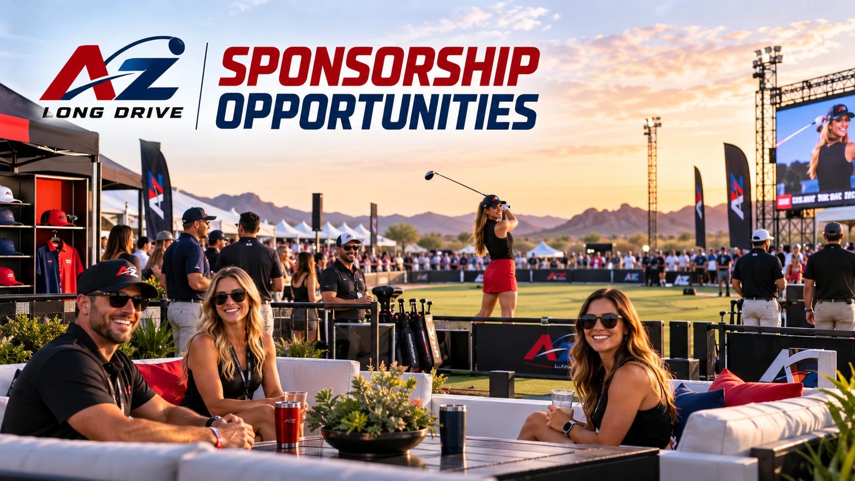 Golf event with people relaxing and playing at sunset.