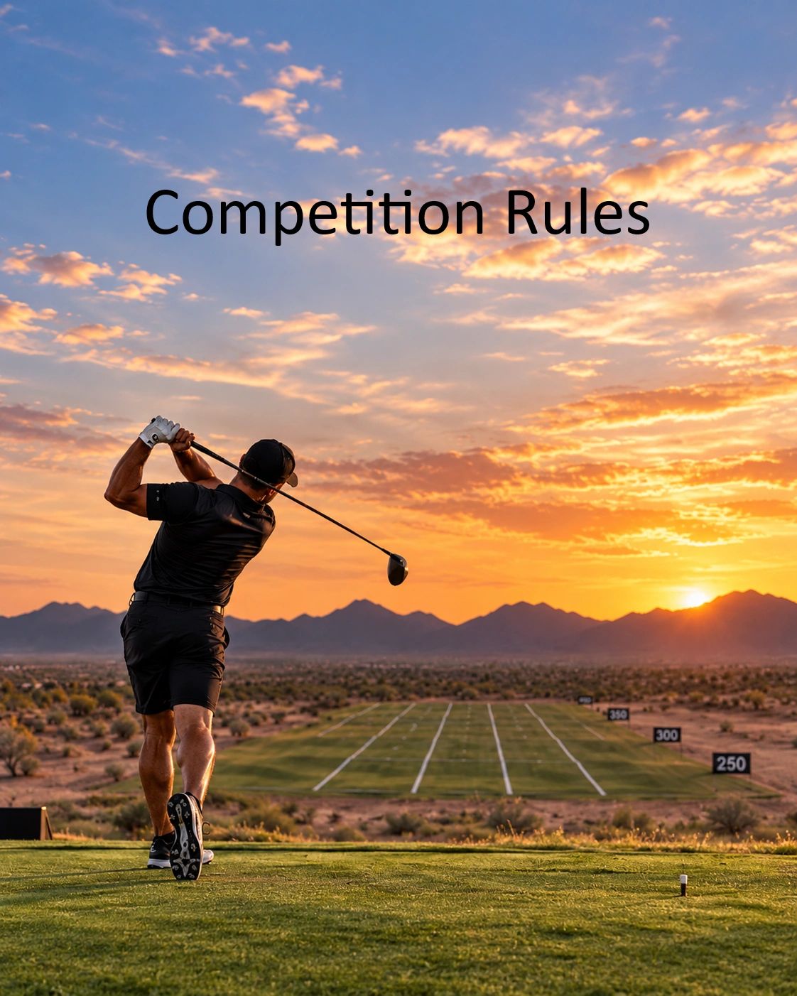 Golfer swinging during sunset with text Competition Rules.