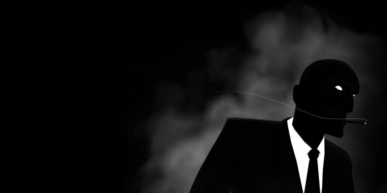 Silhouetted figure in suit with a cigarette in mouth.