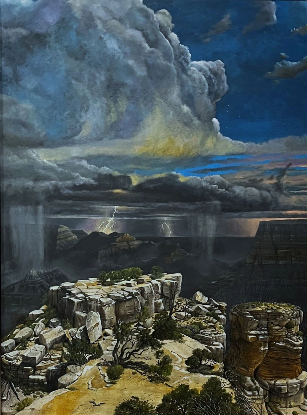 Moran Point in moonlight as storm approaches from the east.
40 x 30 oil on canvas