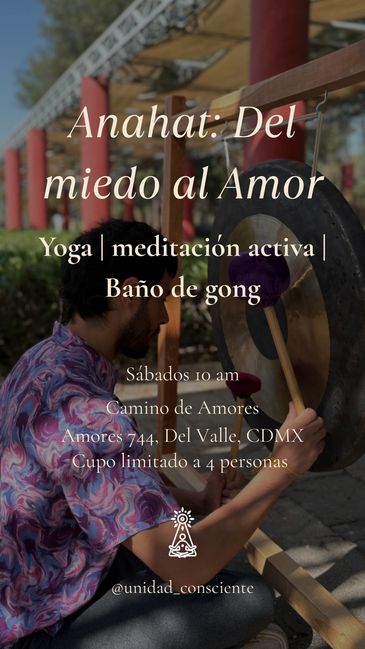 Person striking a gong promoting yoga and meditation event.